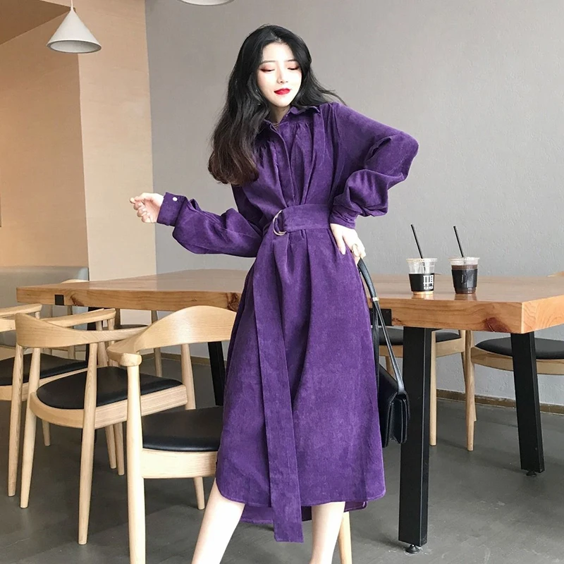 

Autumn Winter Women's New Belt Dress 2022 Vintage Slim Corduroy Dresses Mid-Length Solid Color Long-Sleeved Casual Dress Female