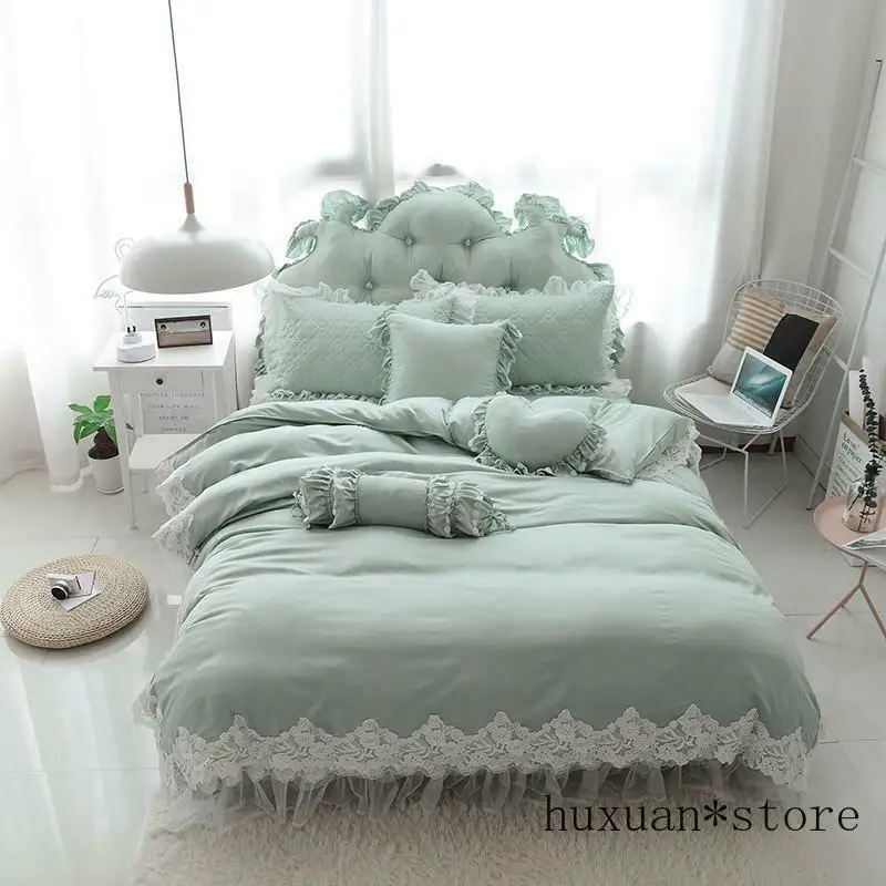 

Cotton Lace Edge Bedding Set King Queen Solid Color Bed Skirt Set Duvet Cover