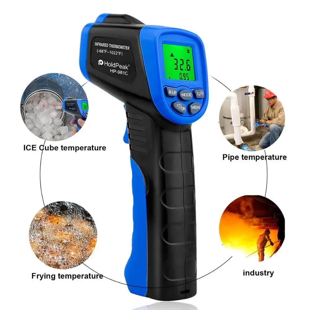 

HoldPeak HP-981C -30~550'C/-22~1022'F Temperature Meter Gun Non-Contact IR Infrared Digital IR Thermometer Data Hold Backlight