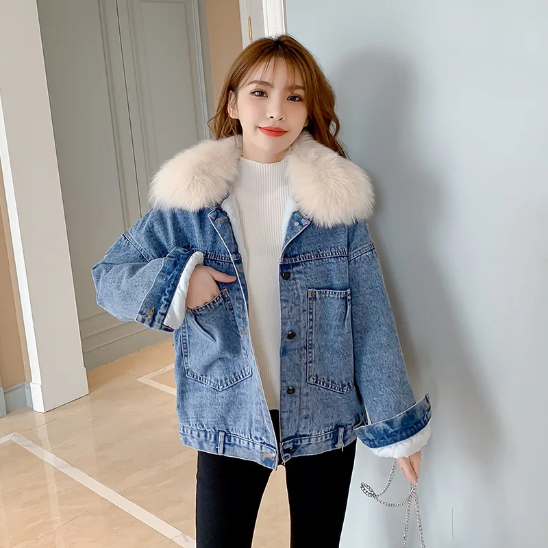 Женская джинсовая куртка DAYIFUN зимняя кашемировая из овечьей шерсти в Корейском