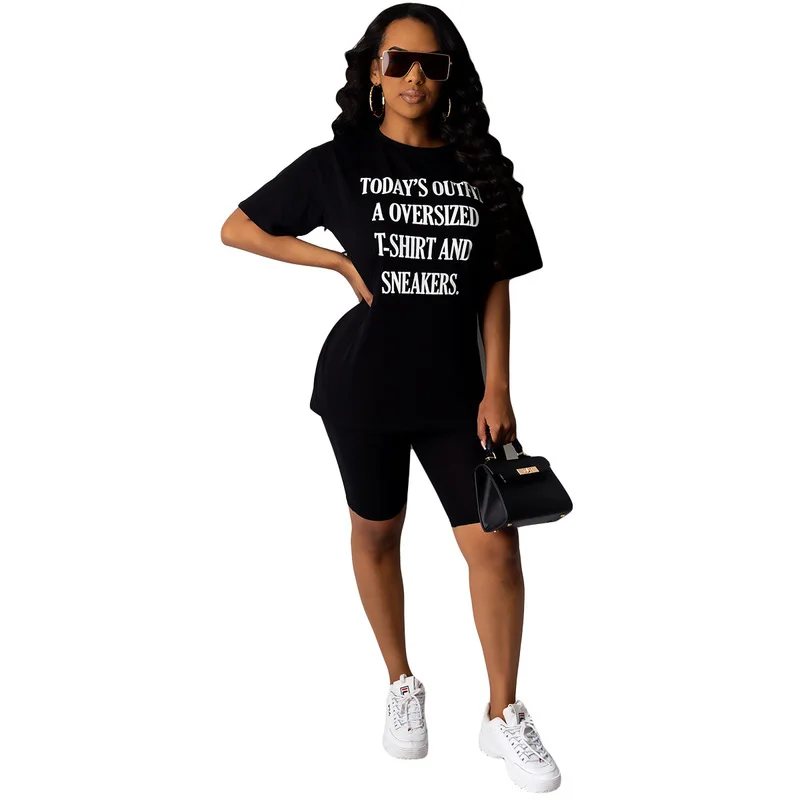 

Letter Print Sporting Two Piece Set Outfits Crew Neck Full Sleeve T Shirt and Biker Short Casual 2 Piece Matching Set Tracksuit
