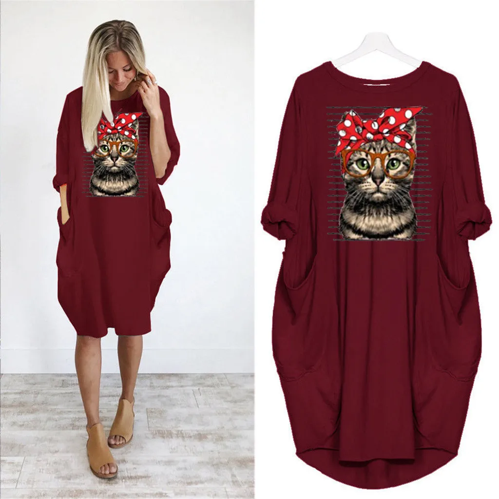 

Autumn Winter Cat Printed Dress Women Long Sleeve O-Neck Elegant Dress Casual Mini Dresses Vestidos Ropa Mujer christmas dress