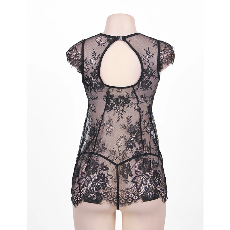 

Ohyeahlover Sexy Lace Hollow Out Sleeveless Lingerie Dress Transparent O-Neck Chemises Babydoll Floral Lenceria Mujer RL80311