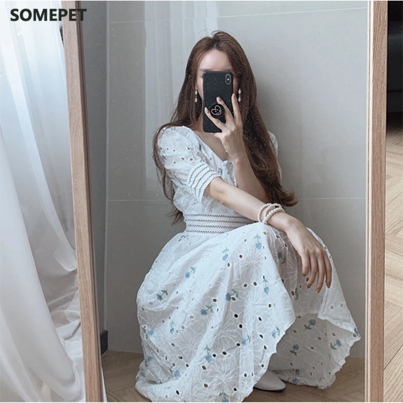 

Summer Dress Puff Sleeve Embroidery Flower Vintage Elegant Dress Woman Boho Long Square Neck Dresses For Women Party Korean