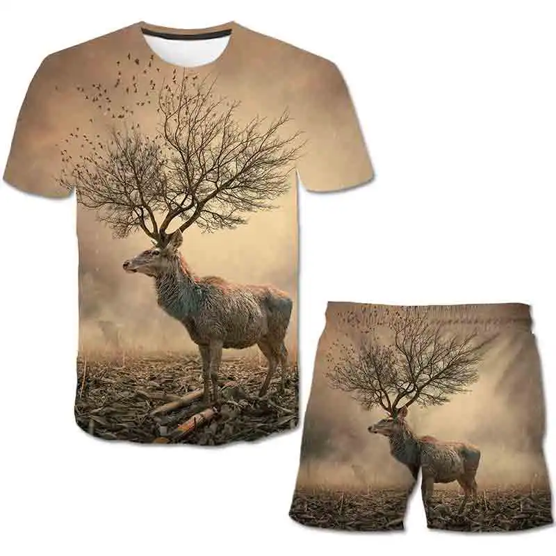 

2021 on the new children round neck short sleeve suit 3D print cartoon deer pattern boys and girls casual fashion