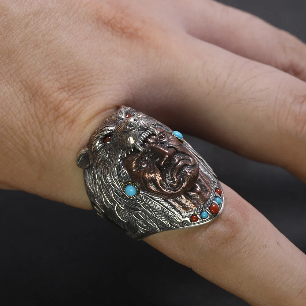 

Earring925 Silver Indian Rings For Men Vintage Retro Type Wolf Head Satan Engraved Red Onyx and Turquoise Stone SettingRings