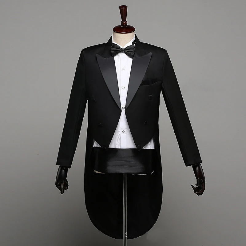Black suit Смокинг Платье XS-XL мужчин классический черный блестящий лацкан хвост пальто смокинг Свадебный Жених сценический певец 2 шт костюмы платье пальто хвосты - Цвет: Black suit