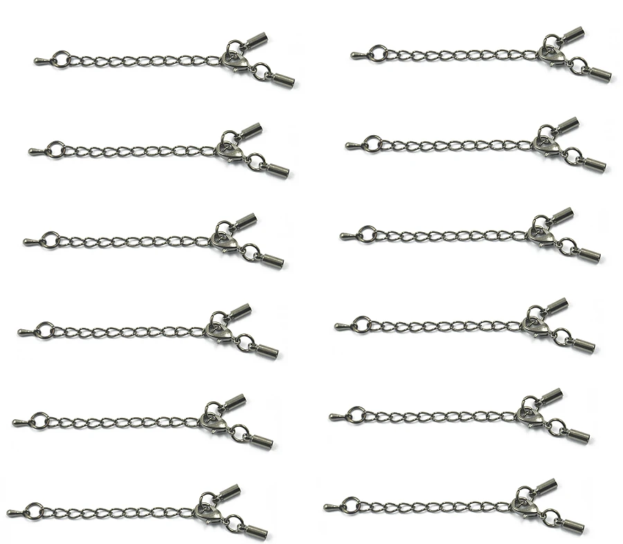 

12 Set Of Round Bead Ends Cord With Lobster Clasp And Extension Chain 55mm