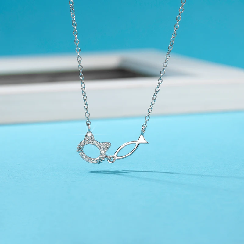 ?? Lanmi女の子チョーカーS925スターリングシルバー猫 & 魚の愛モアッサナイトペンダントネックレス女性のバレンタインジュエリーギフト