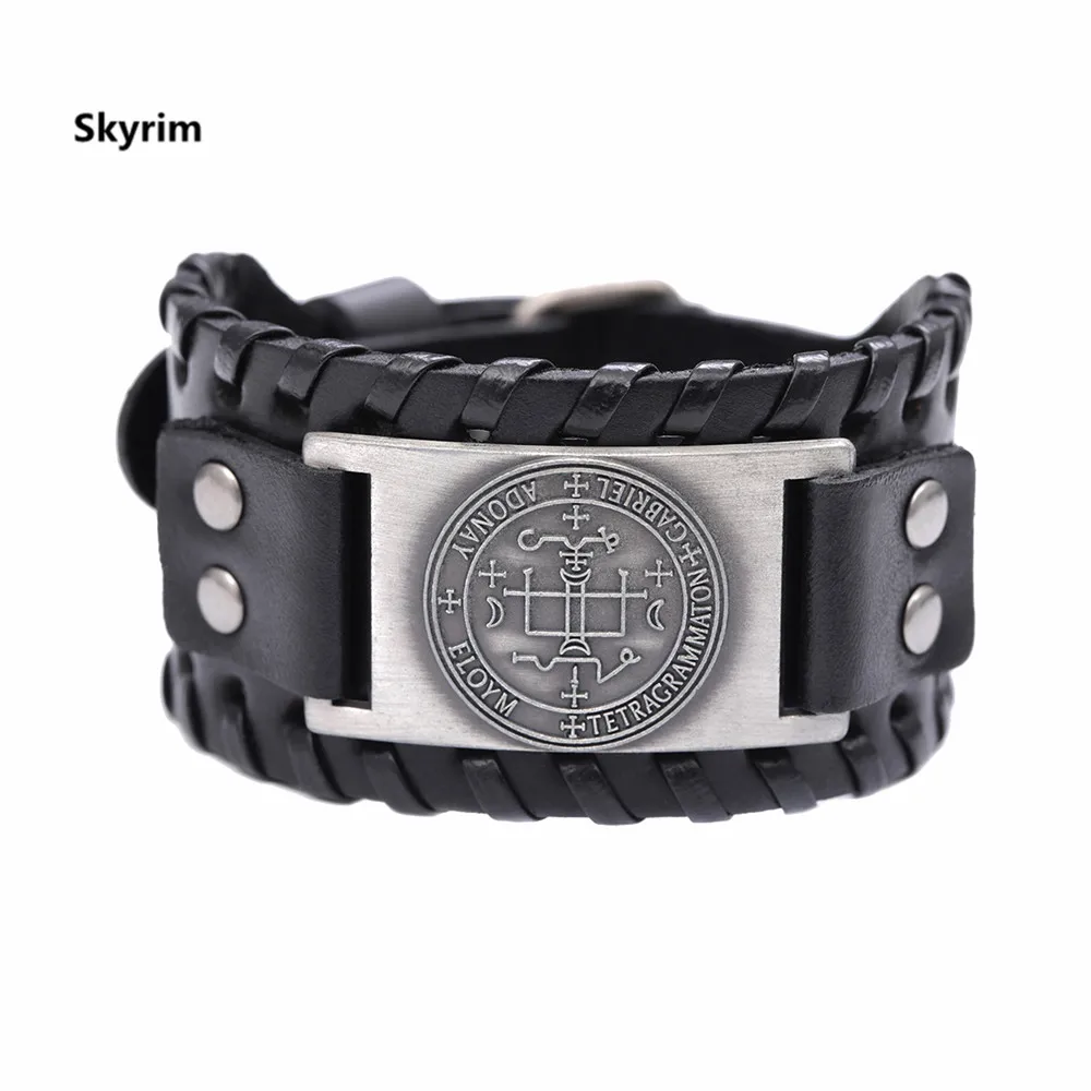 wide black-sliver Skyrim сигил Archangel Viking широкий кожаный браслет Майкл Рафаэль талисман Винтаж Ангел Готический браслеты power Man ювелирные изделия - Окраска металла: wide black-sliver