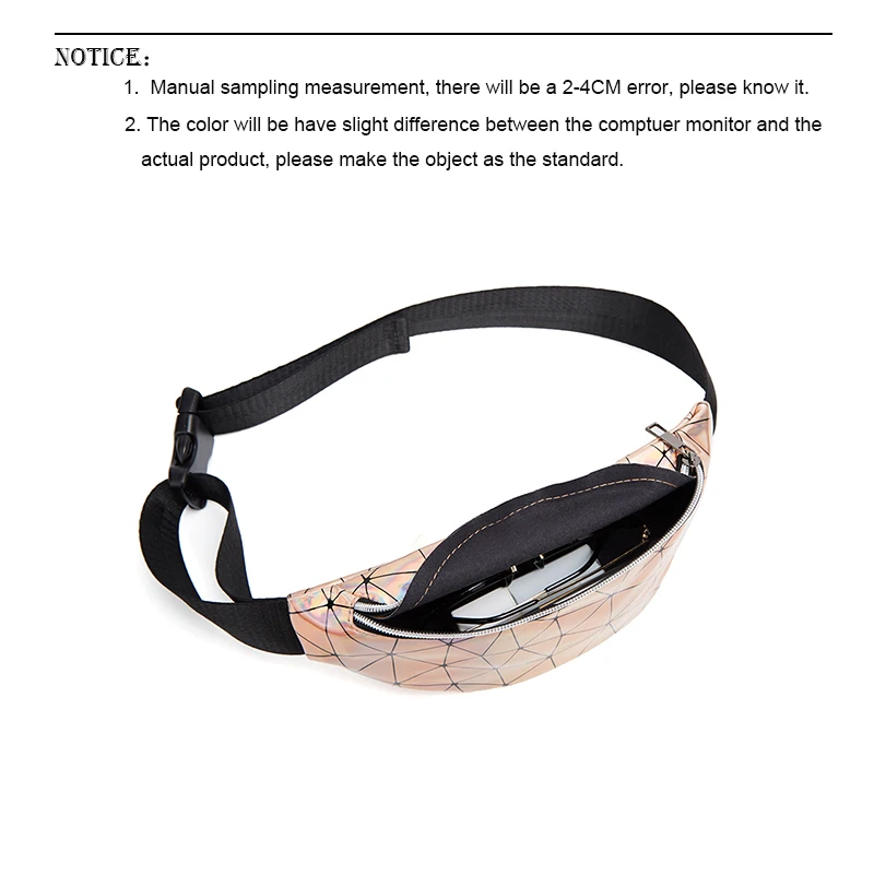 RIAYOOE Fashion women belt bag Geometric black banana bag gold Silver Sequin waist bag Laser Phone Pouch