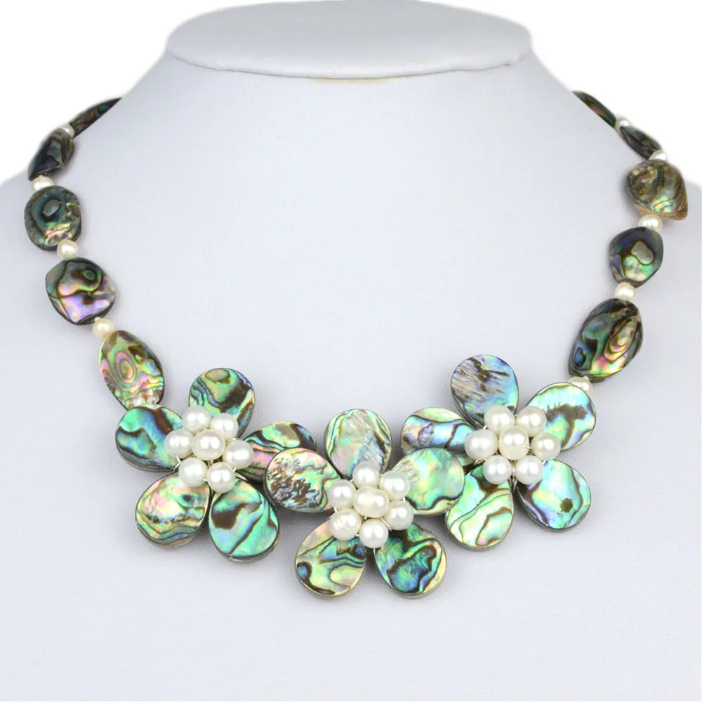 

Freshwater Pearl Shell Flower Necklace Nature Blue Green Abalone Shell Fine Jewelry 17inch Choker Necklace Handcraft Accessories