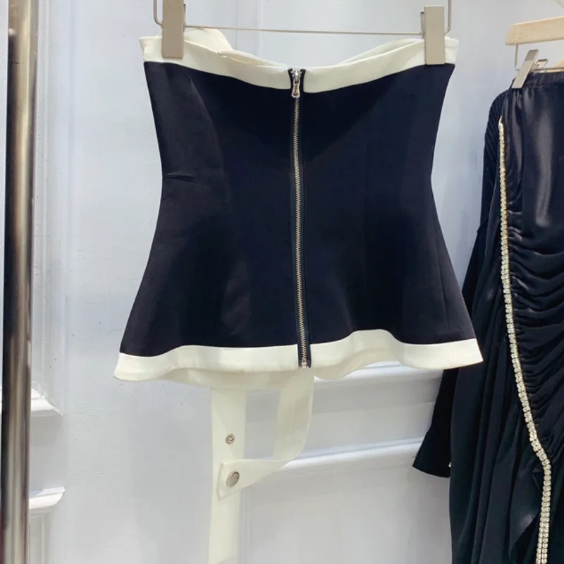

[DEAT] Strapless And Sleeveless Shirt New Blouse In Black And White Color Contrast Bow Top Women Sexy Style 2021 Summer GX869