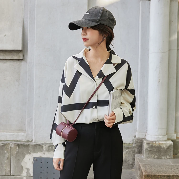 

Office Lady Chiffon Shirt Turn-down Collar Autumn Winter Blouse Elegant Young
