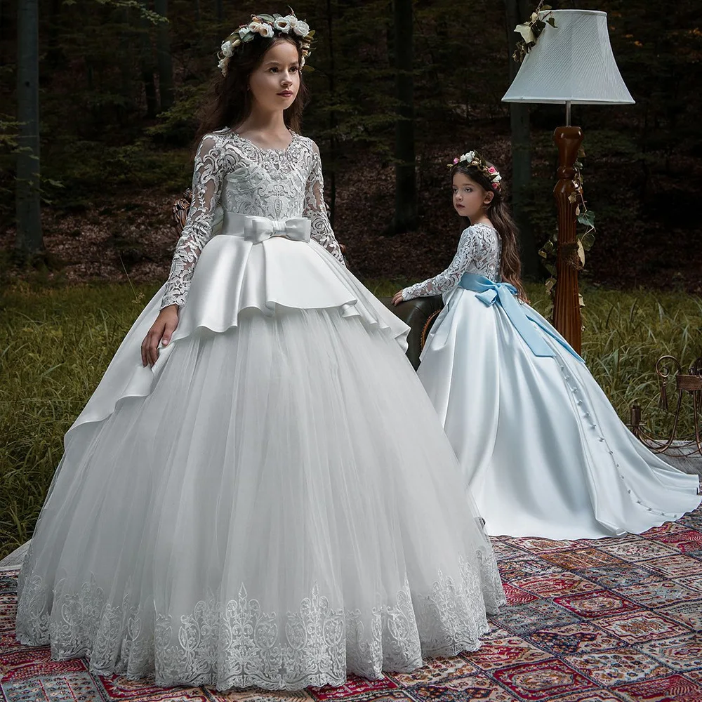

Princess Tulle Lace A Line Flower Girl Dresses for Wedding First Communion Dresses Wedding Party Dress Runway Show Pageant