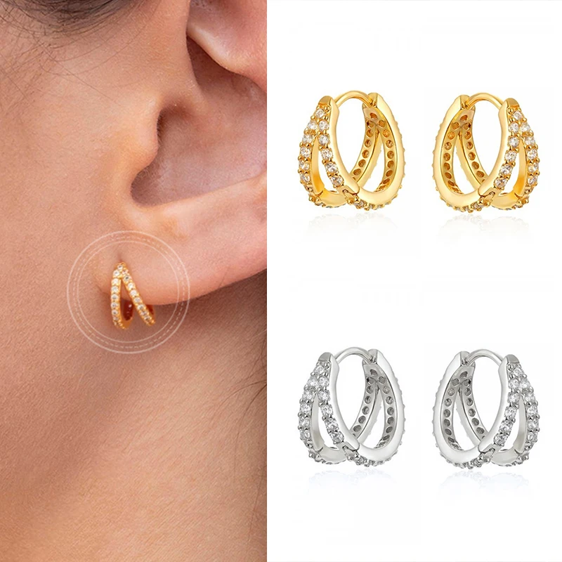 

925 Silver Ear Buckle Double Layer Hoop Earrings for Women Gold Color Silver Crystal CZ Huggie Earrings Fashion Daily Jewelry
