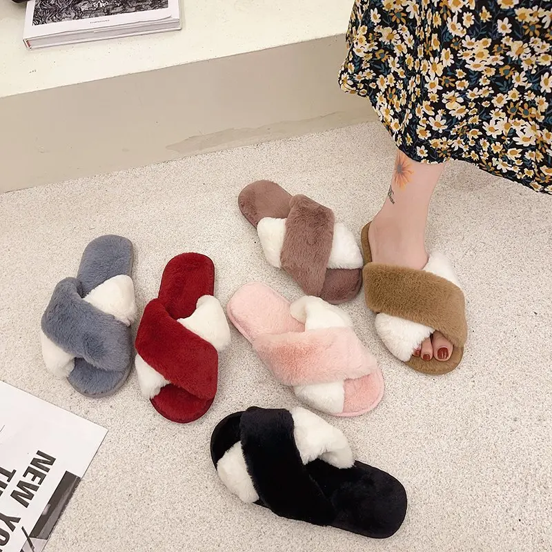 Autumn and Winter Plush Fashion Home Furry Cotton Slippers for Women's Outer Wear Flat-bottom Non-slip Warm Women's Slippers