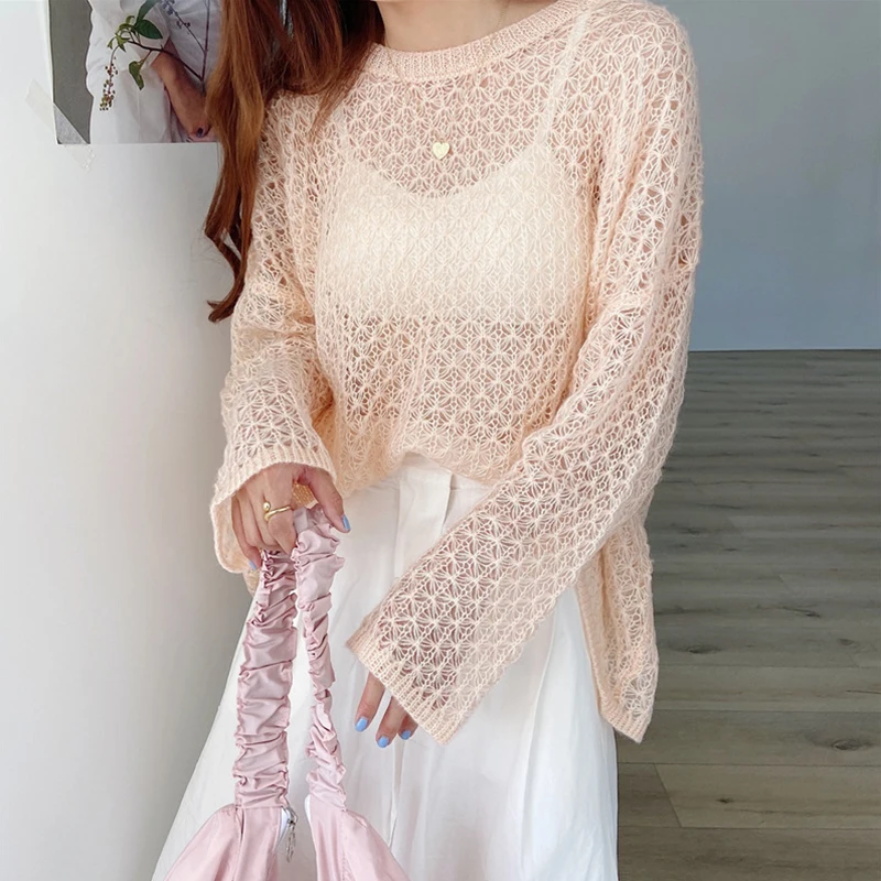 

Fashion Autumn Sexy Hollow Knitted Sweater Women Pullover O-Neck Long Sleeve Cute Sweet Casual Loose Basic Street Female Tops