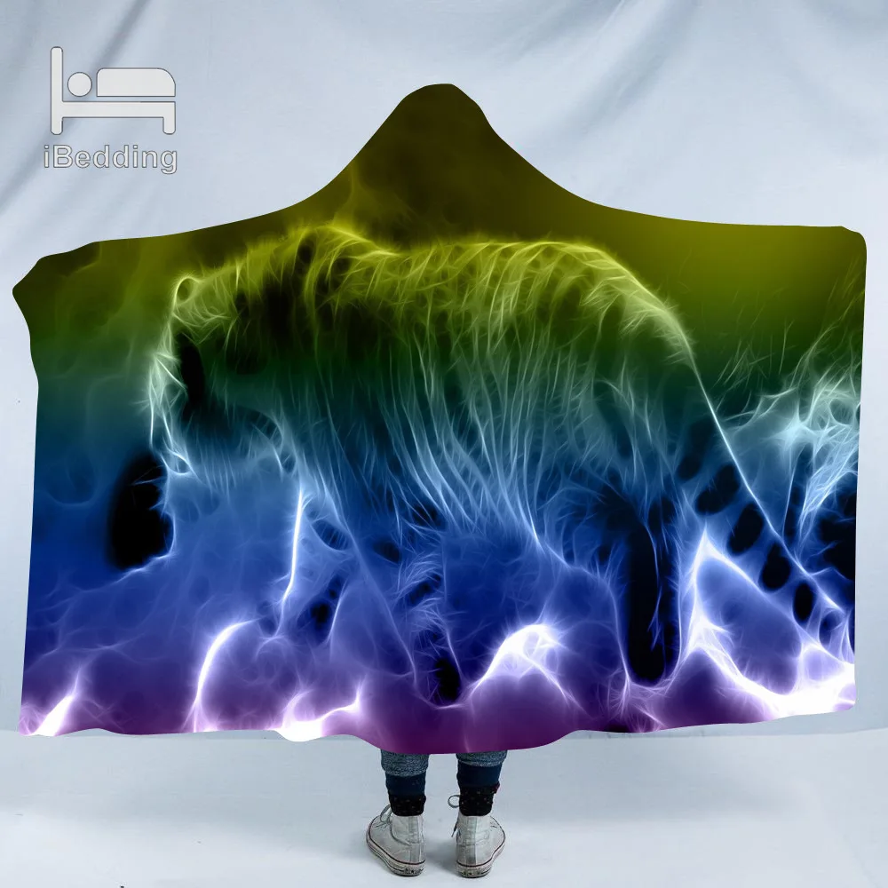 Colored Fluorescent Tiger Pattern 3D Printed Plush Hoodie Blanket for Adults Kid Warm Wearable Fleece Throw Blankets | Дом и сад