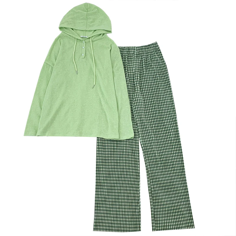 

Candy Green Two Piece Set Casual Loose Lazy Sunscreen Hooded Long Sleeve T-shirt + Green Check Straight Pants