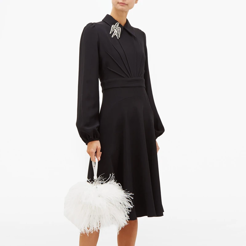 Женское плиссированное платье с отложным воротником элегантное приталенное в