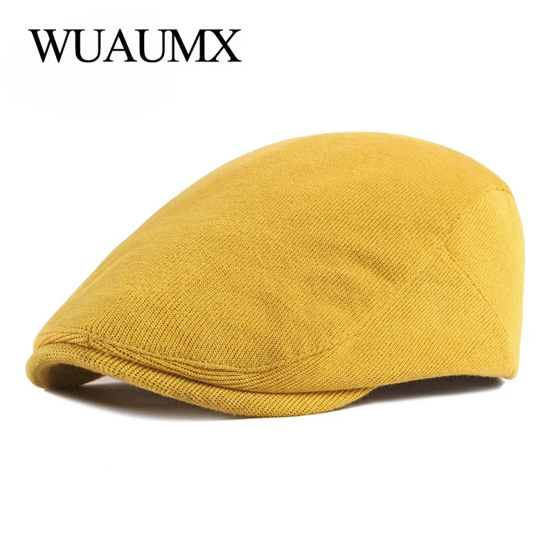 

Simple Spring Autumn Berets Hat Men knitting Visor Cap Casual Fashion Women Beret Solid Yellow Blue Peaked Flat Cap Duckbill Hat
