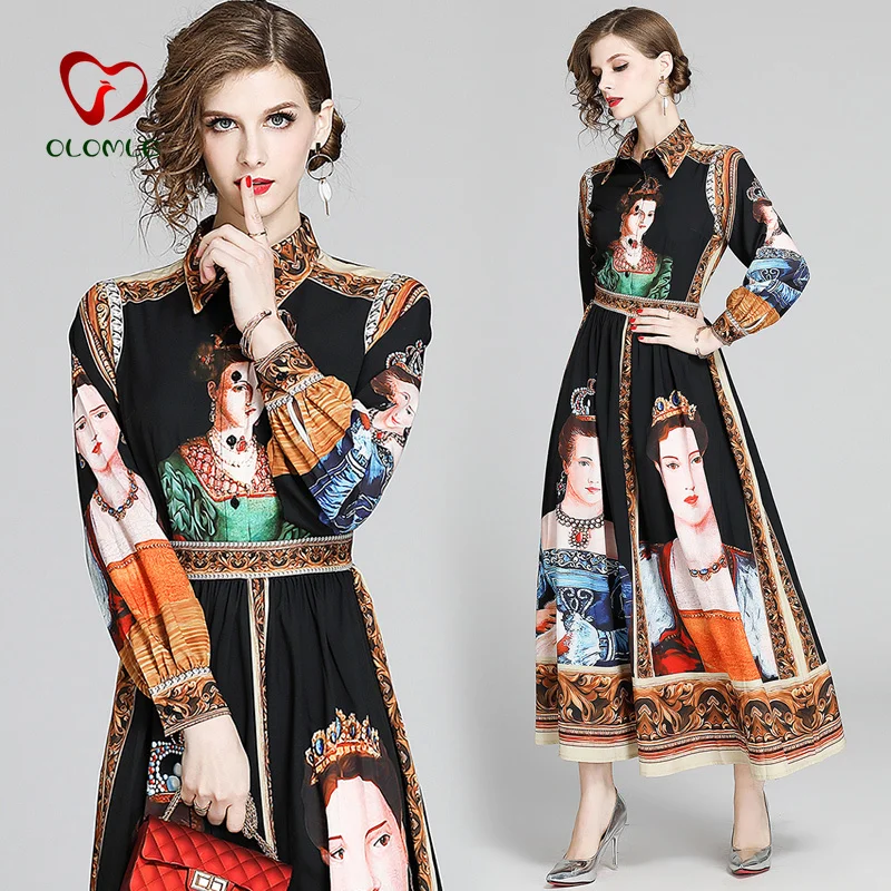 

New Autumn Charactor Print Long Dress Women 2020 Long Puff Sleeve Vintage Print High Waist A-Line Runway Maxi Dress