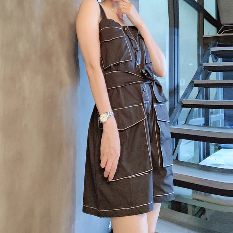

Casual Solid Playsuit For Women Square Collar Sleeveless High Waist Patchwork Pockets Lace Up Playsuits Female 2021