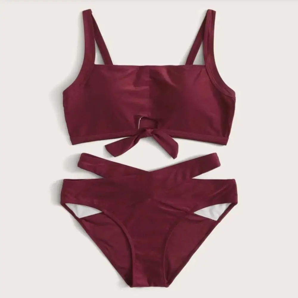 Женский купальный костюм бикини однотонный купальник с бантом Раздельный лето
