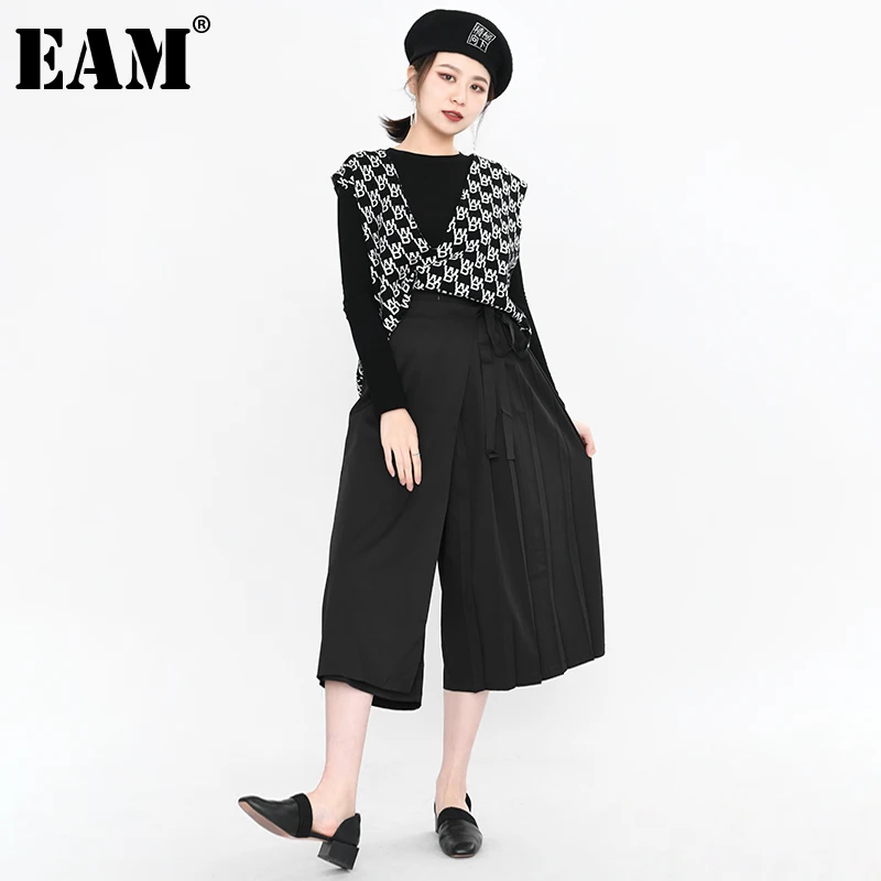 

[EAM] High Elastic Waist Black Pleated Split Wide Leg Trousers New Loose Fit Pants Women Fashion Tide Spring Autumn 2021 1N66601