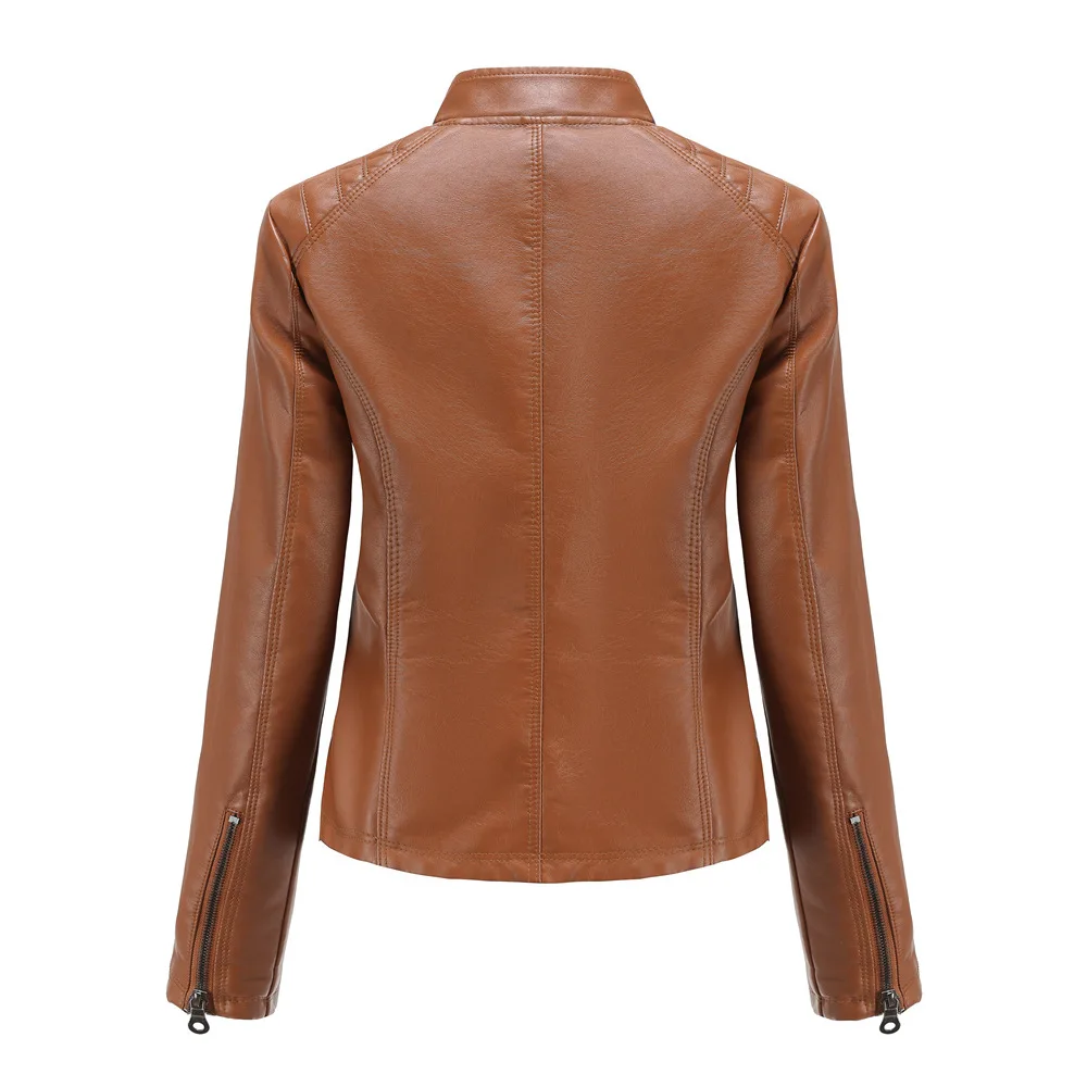 Autumn Winter Casual Leather Women's Simple Thin Coat Stand-up Collar Long-sleeve Motorcycle Jacket Women Faux Leather Jacket