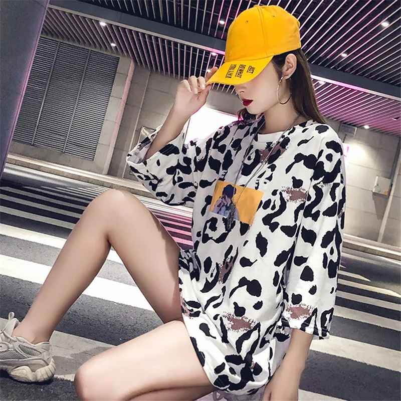 Hot sale 2020 Summer New Long section Loose leopard Print T-shirt Fashion Casual Round neck Women bottoming Tops C037 | Женская одежда