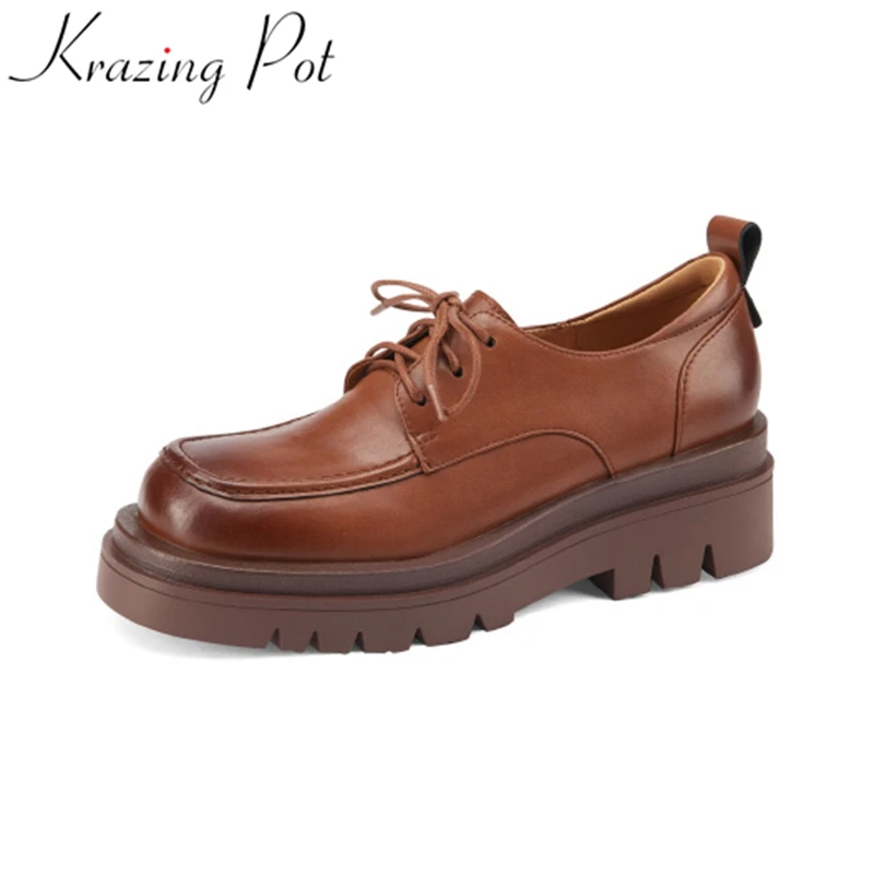 

Vichelo хит продаж, модная Повседневная Ретро-обувь из натуральной кожи с круглым носком, на шнуровке, оксфорды на платформе, однотонная женска...