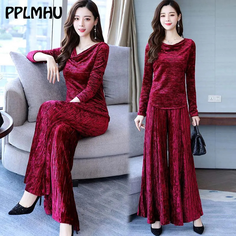 Женский свободный бархатный костюм из двух предметов винтажный Топ и широкие