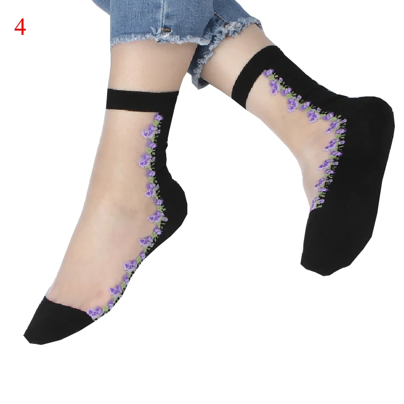 Ультратонкие летние женские носки прозрачные кружевные шелковые с кристаллами