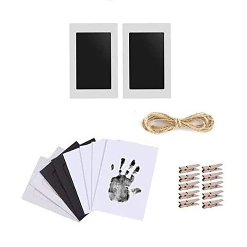 

85DE Newborn Baby Footprint Handprint Kit Durable Safe Nontoxic Ink Pad Imprint Cards Paper Photo Frame Wooden Clips Hemp Rope