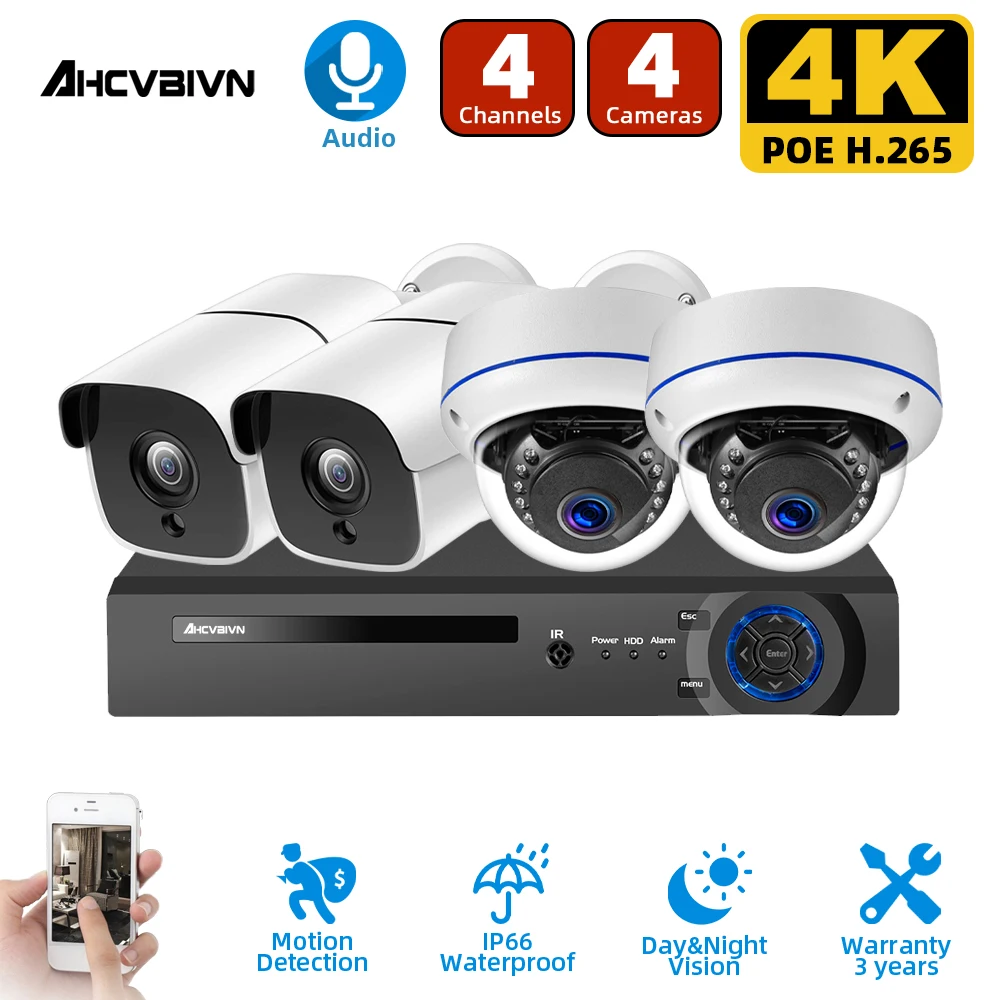 

Купольная камера видеонаблюдения, 8 МП 4K Ultra HD, 4 канала, PoE, NVR, 4 PoE IP, комплект NVR, P2P XMEYE