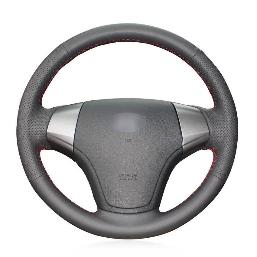 Чехол для руля Hyundai Elantra 2008 прошитый вручную из черной искусственной кожи