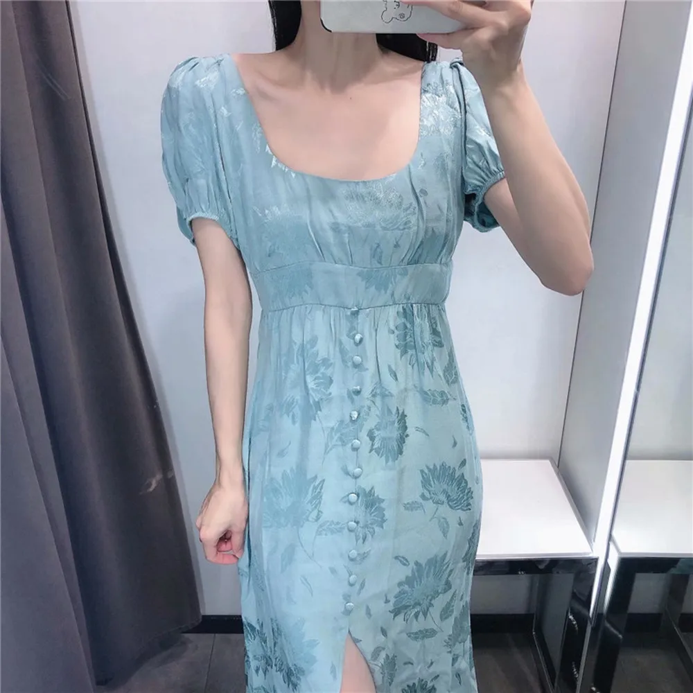 

2021 ZA women's clothing summer New Fashion square collar Flower jacquard waist close-fitting dress 9878/076 9878076