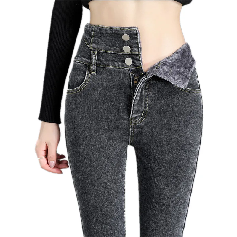 

Women Warm Velvet Thick Jeans Women Winter High Waist With 3 Button Skinny Mom Gray Denim Trousers With Fleece