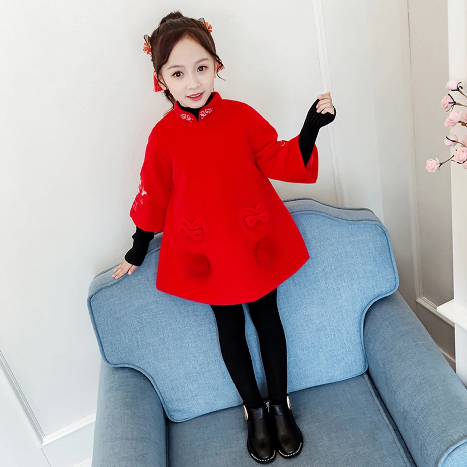 Пальто для девочек красное шерстяное пальто детская верхняя одежда с цветочной