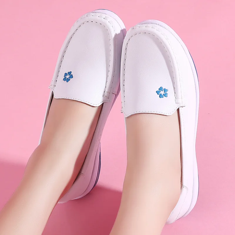 Woman Flats Real Leather Casual Shoes Size 41 Fashion Nurse Slip on Shoes for Women Loafers Non Slip White Flat Shoes Women