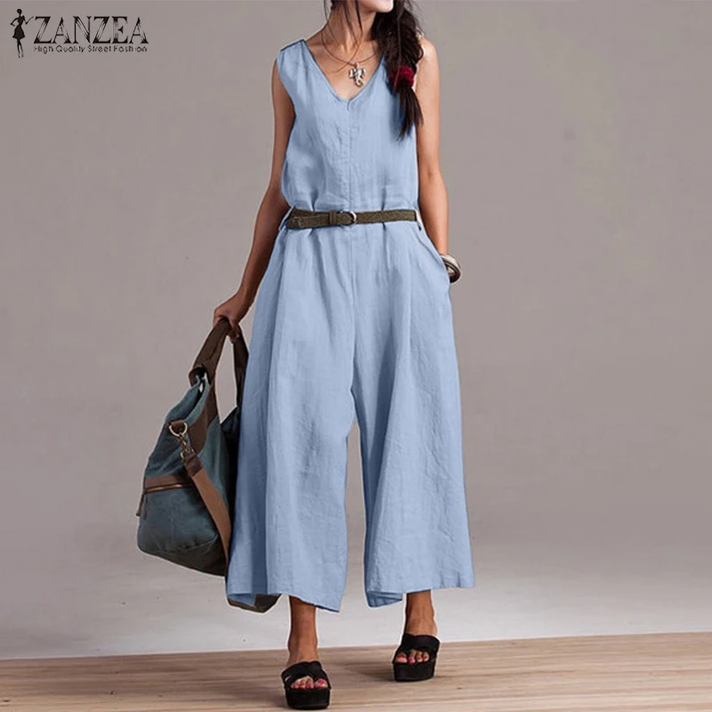 Light Blue Широкие брюки женские комбинезоны ZANZEA размера плюс льняные Комбинезоны женские комбинезоны с v-образным вырезом женские летние Панталоны без рукавов 5XL - Цвет: Light Blue