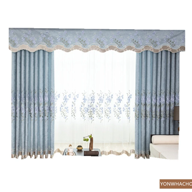 

Custom curtains Chinese embossed embroidered living room bedroom blue chenille cloth blackout curtain tulle valance drape B743