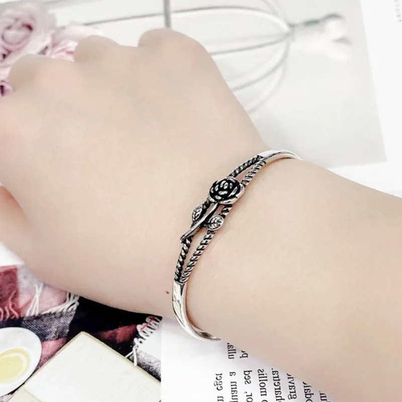 

Foxanry 925 Sterling Silver Bracelet for Women New Trendy Vintage Unique Design Rose Party Jewelry Gifts Thai Silver Accessories