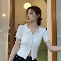 women t shirt summer clothes ribbed knitted short sleeve crop tops zipper design tee sexy female slim black white top 2022 y558