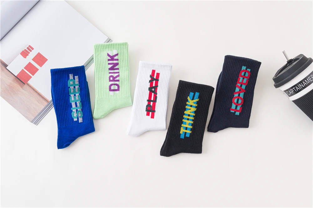 Women's Funny Words Loved Think Drink Sleep Play Lettered Striped Art Socks Couples Skateboard Hipster Street Dance Harajuku Sox