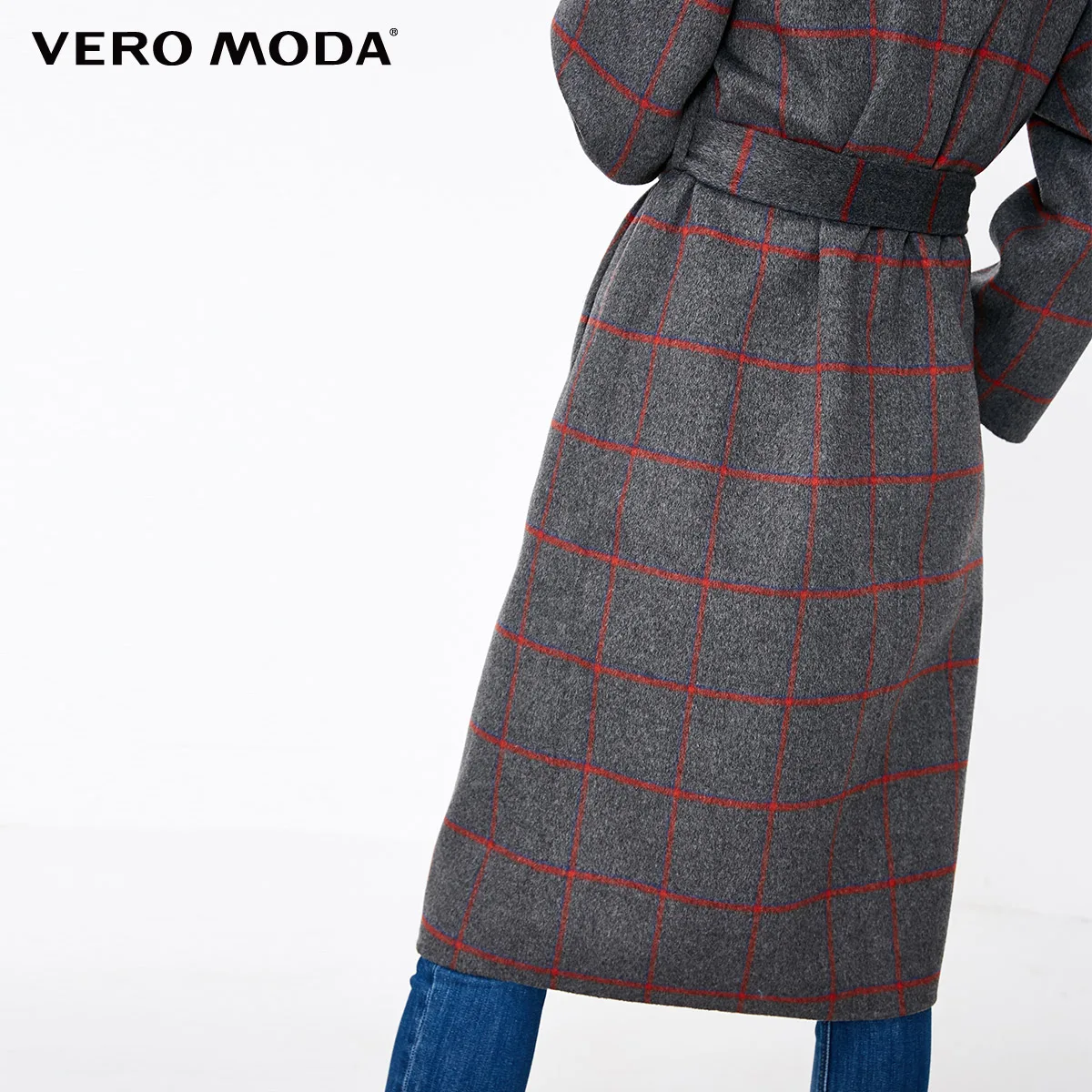 Vero Moda воротник с лацканами плед поясом Женское зимнее шерстяное пальто Верхняя