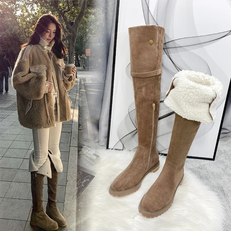 

HOT Women's Kid Suede Over Knee Boots Round Toe Black Brown Fashion Warm Shoes Shearling Lining M189