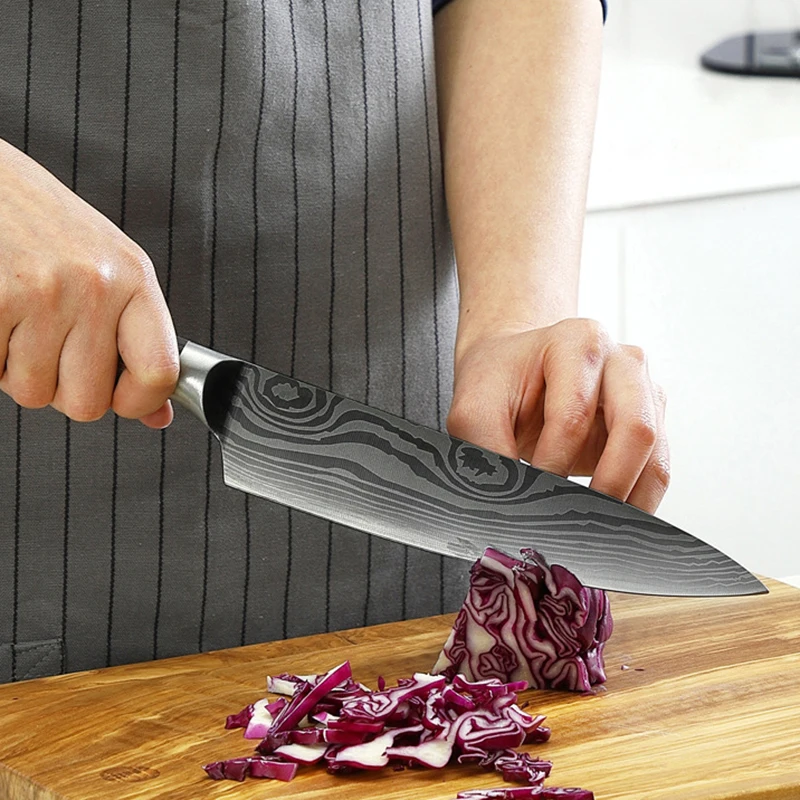 

Hot Kitchen Knives Set 5CR15MOV Laser Texture Damascus Utility Paring Slicing Cleaver Chef Knife Scissors With Knife Holder